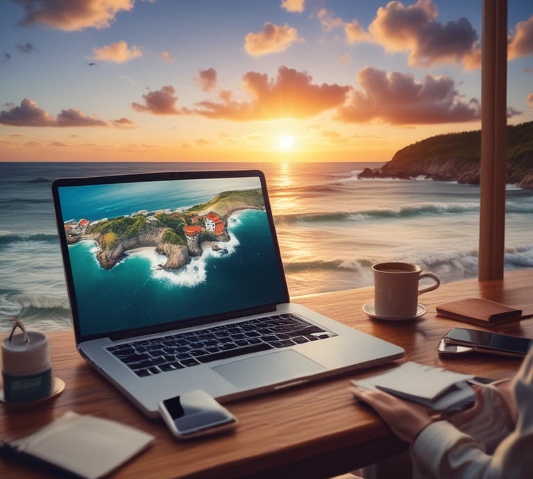 A cozy workspace with a laptop open to a travel planning spreadsheet, surrounded by a map and travel essentials.