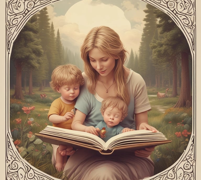 a woman reading a book while holding a baby