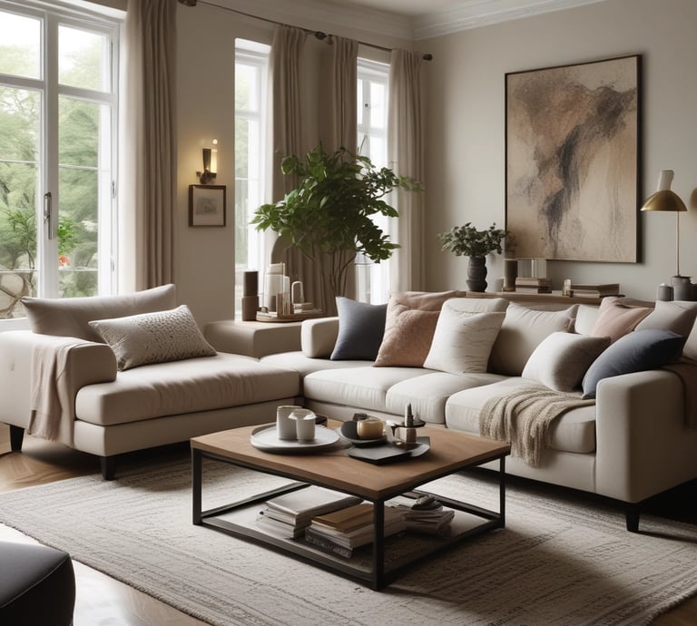 A cozy living room corner with soft blankets, warm lighting, and curated décor pieces.