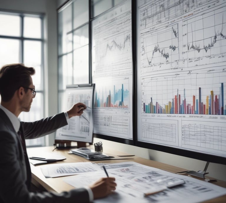 A professional team collaborating in a modern office space with digital blueprints and laptops.