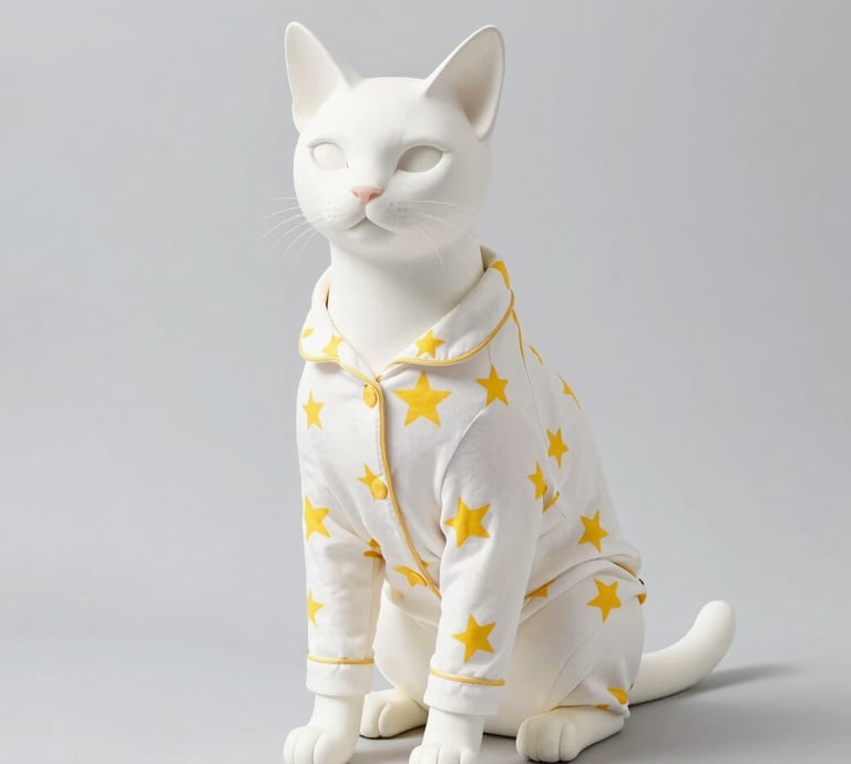 Una estatua de un gato blanco que lleva un pijama de gato con estampado de estrellas blancas