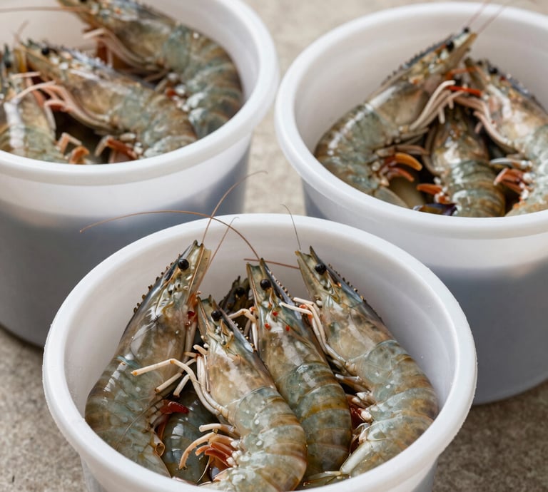 A vibrant image of fresh fish and prawn feed bags stacked neatly in a rustic warehouse.