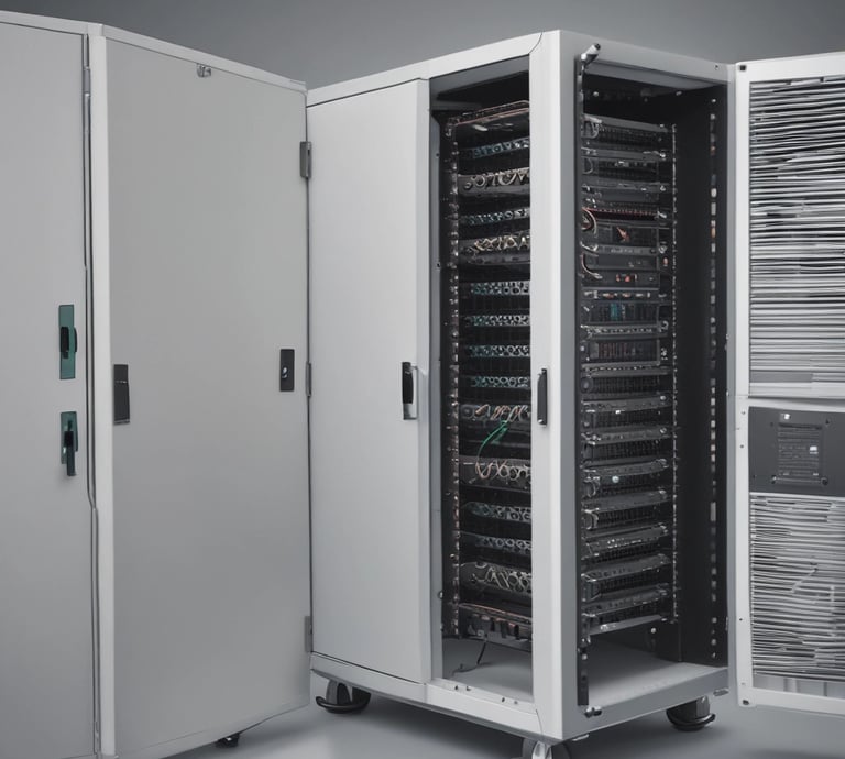 A senior IT consultant working attentively in a sleek, dark-mode server room surrounded by network equipment.