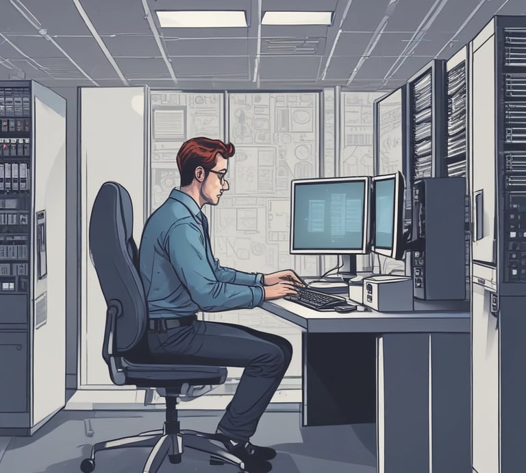 Modern office workspace with computers and cybersecurity visuals on screens.