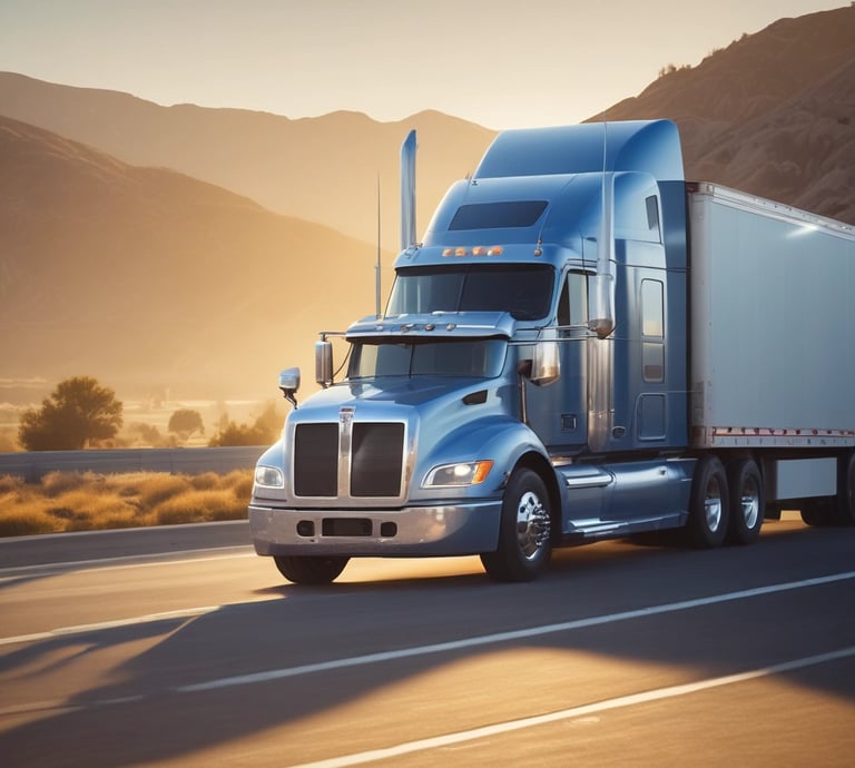 A bright, high-definition photo of a modern Class 8 semi-truck parked at a busy shipping port under clear daylight.