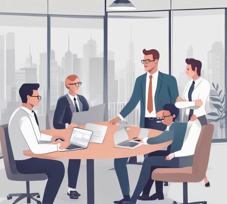 A confident facilitator leading a small business team discussion in a modern Dubai office.