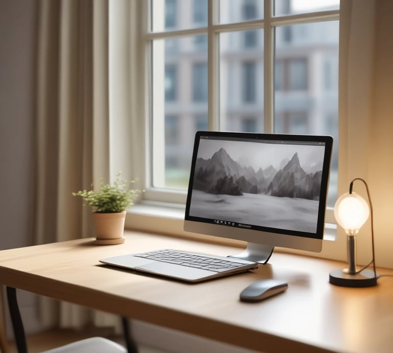 A serene home office setup with soft natural lighting and minimal decor reflecting calm and focus.
