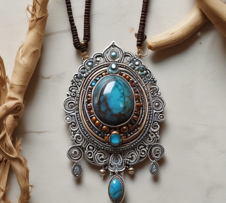 Close-up of a handcrafted macramé necklace with natural stones, styled on a rustic wooden background.