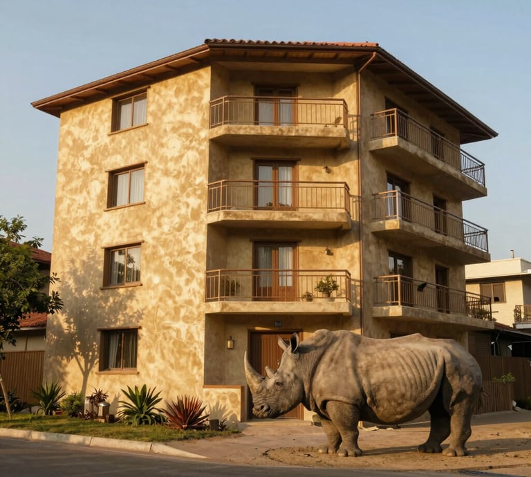 A sleek, modern office space with a subtle rhinoceros sculpture symbolizing strength and stability.
