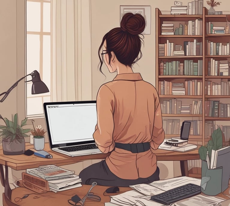 A cozy home workspace with hair tools and a laptop with a women with a messy bun brown