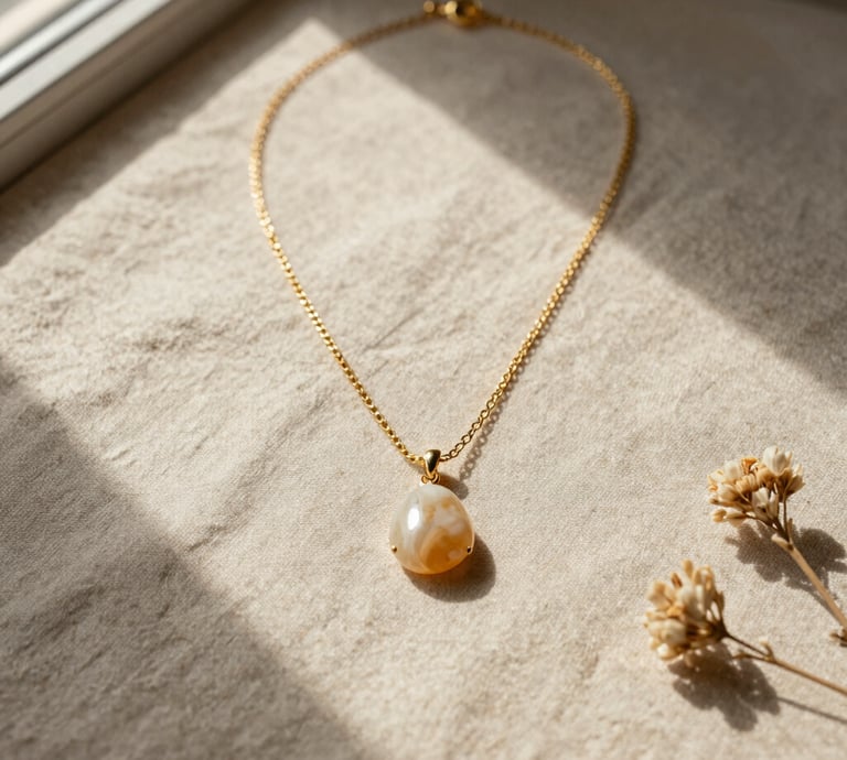 An elegant flat lay photography of jewelry components on a natural sandy beige linen background. A delicate golden necklace with a tiny shell pendant, semi-precious stones in soft cream and warm tan hues, and dried flowers. Soft light from a side window in Rennes, Western Europe / Brittany, France, casting long, gentle shadows.