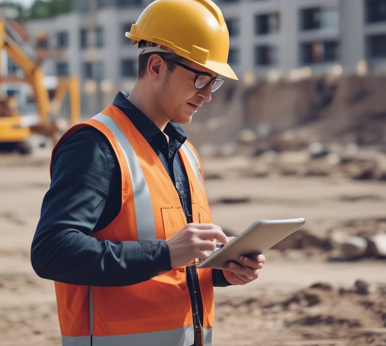 A project manager reviewing a detailed construction schedule on a tablet at a busy building site.
