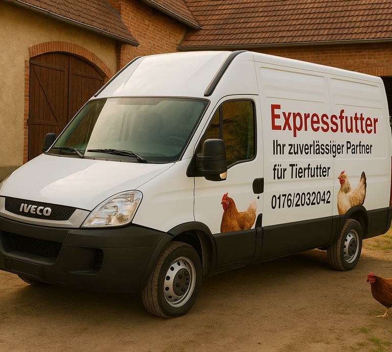 a van with chickens in the yard