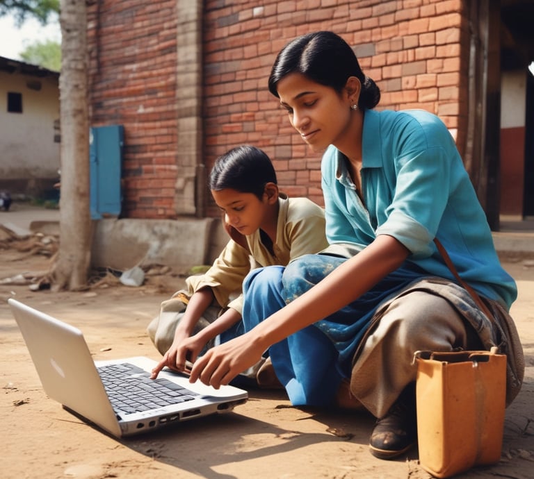 A diverse group of people using digital devices together in a vibrant community center.