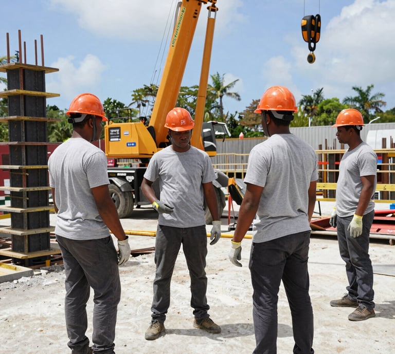A construction site panel prominently displaying a QR code with workers actively building in the background.