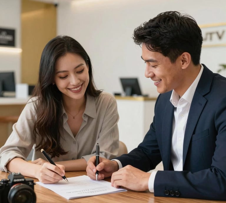 A sleek, modern office space with gold and white accents reflecting the luxury of Popov Estates.
