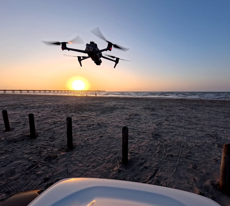 Flying near the Horace Caldwell Pier at Port Aransas, Texas