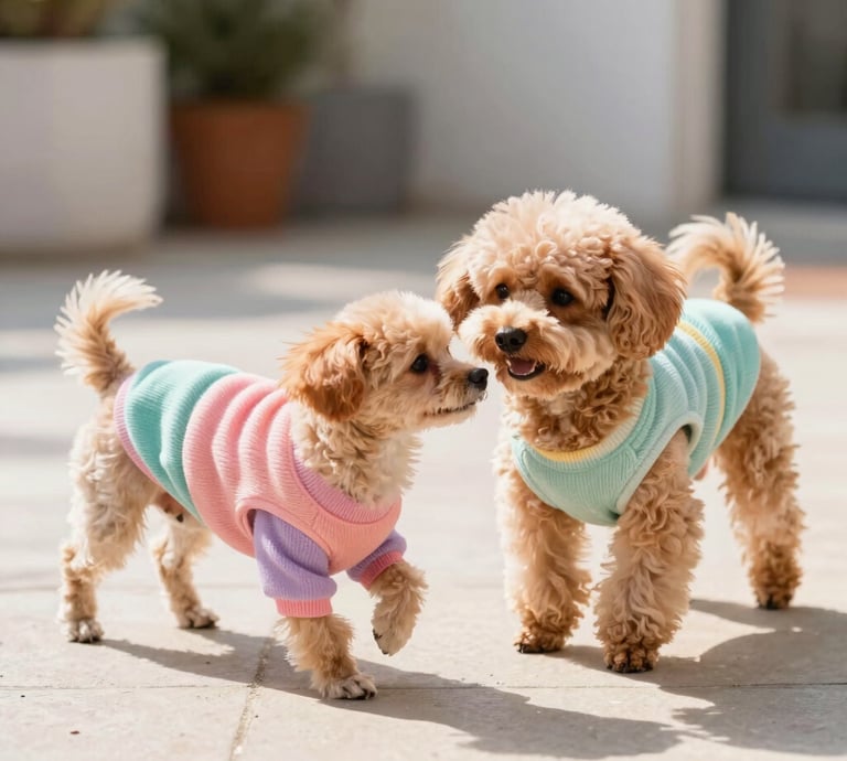 Dos perritos mestizos de caniche, con coloridos suéteres de punto en tonos pastel
