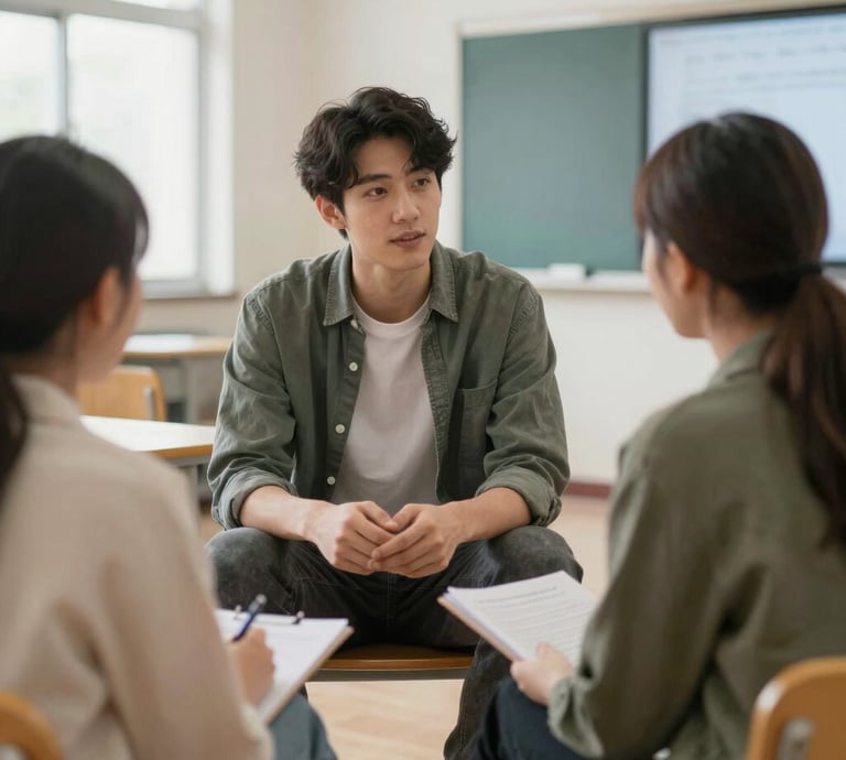 A friendly consultant helping a student with visa paperwork in a bright office.