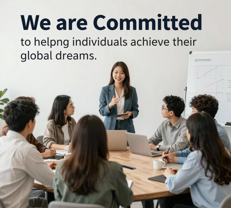 A friendly consultant helping a student with visa paperwork in a bright office.