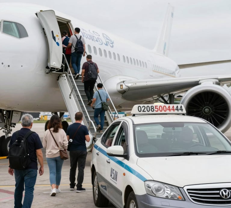 A clean, dark blue hackney carriage parked outside a modern airport terminal under a clear sky.