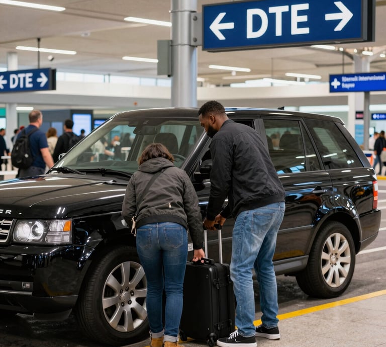 Side profile of a 2006 black Range Rover Sport HSE parked at Detroit International Airport Arrivals.