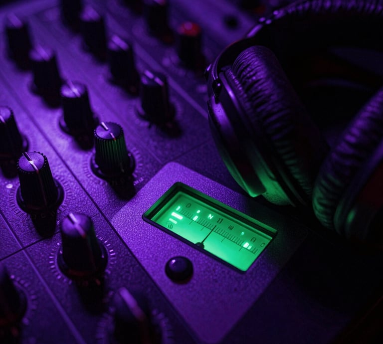 Macro shot of metallic headphone textures and glowing green VU meters on a mixer, moody club lighting, deep shadows.