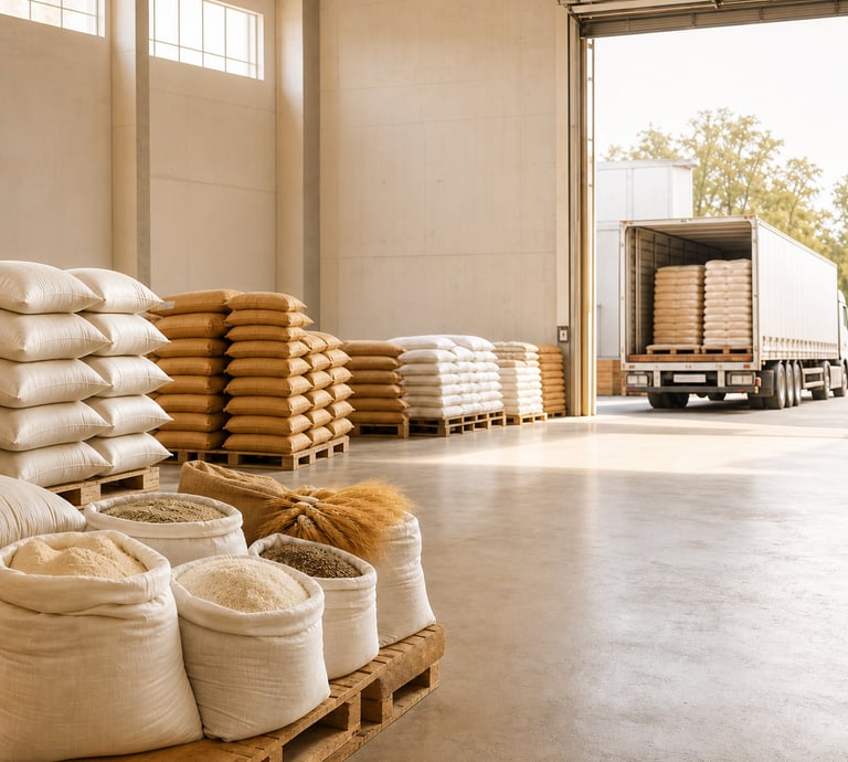Depósito con stock de alimentos secos y camión de carga para abastecimiento mayorista desde Mendoza