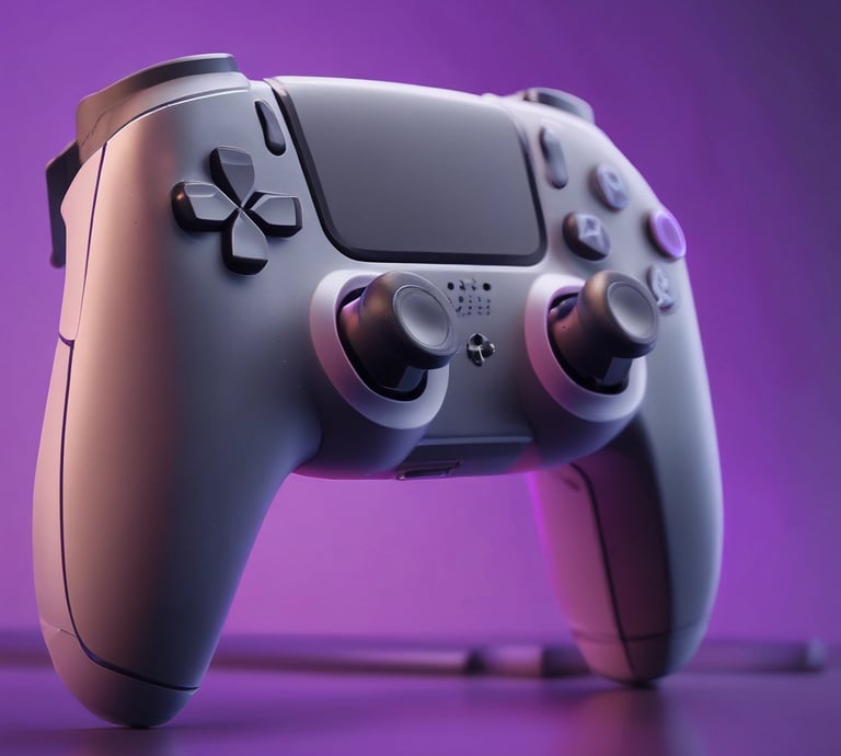 Close-up of a futuristic game controller glowing with purple LED lights on a sleek black surface.