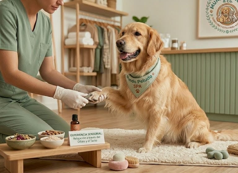 Un peluquero canino profesional le da un masaje de patas a un perro en un spa de lujo para mascotas