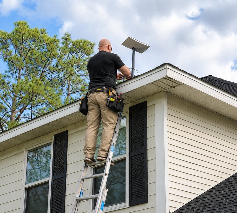 DLT technician mounting Starlink dish on residential roof