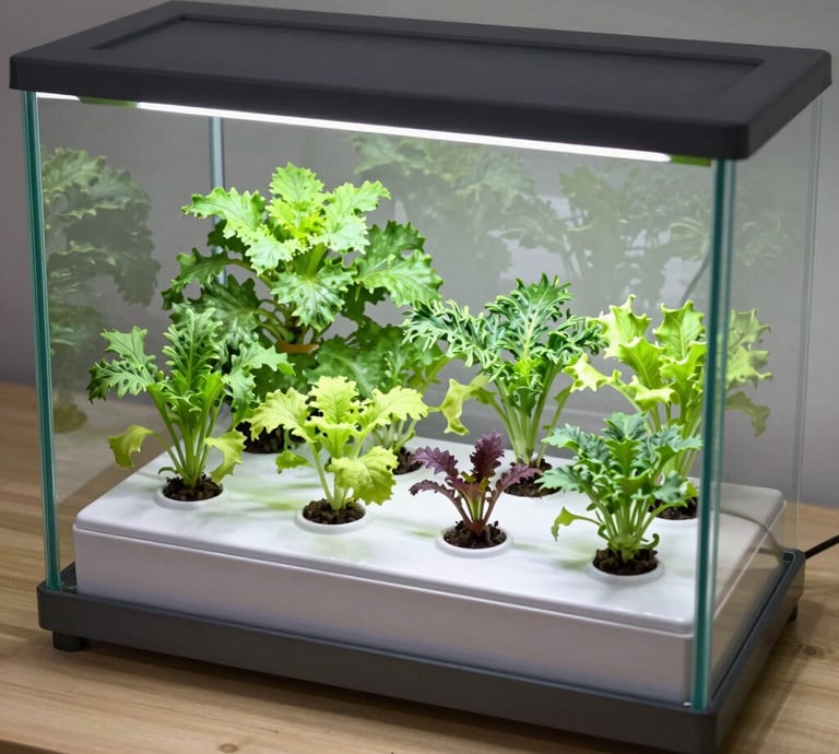 A sleek hydroponic system with vibrant green plants growing indoors.