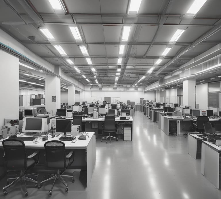 A friendly team collaborating around a laptop in a modern office with navy and electric blue accents.