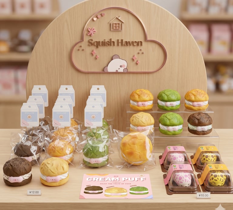 Display of Squish Haven cream puff squishy toys including chocolate, matcha, and original flavors.