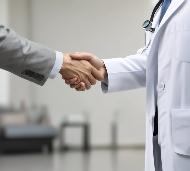 A sleek black and white photo of a healthcare influencer engaging with a fitness brand representative in a modern studio.