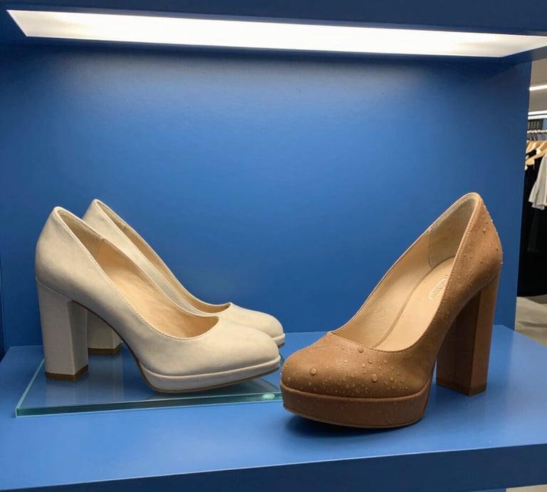 A vibrant display of women’s office shoes in fresh spring colors arranged neatly on a wooden shelf