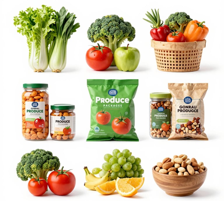 A colorful basket overflowing with fresh fruits, vegetables, and artisan bread on a rustic wooden table.