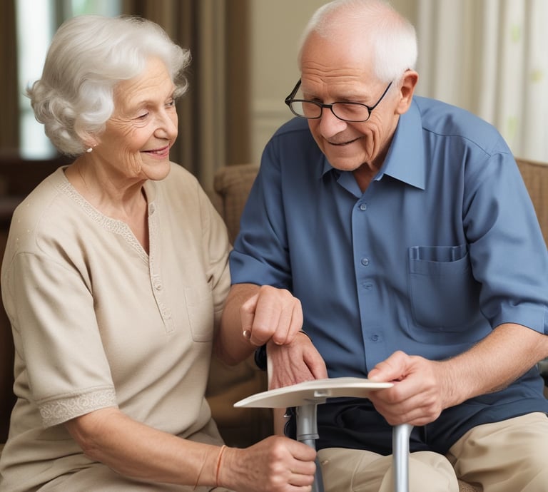 A warm caregiver gently assisting an elderly woman in a cozy living room setting.