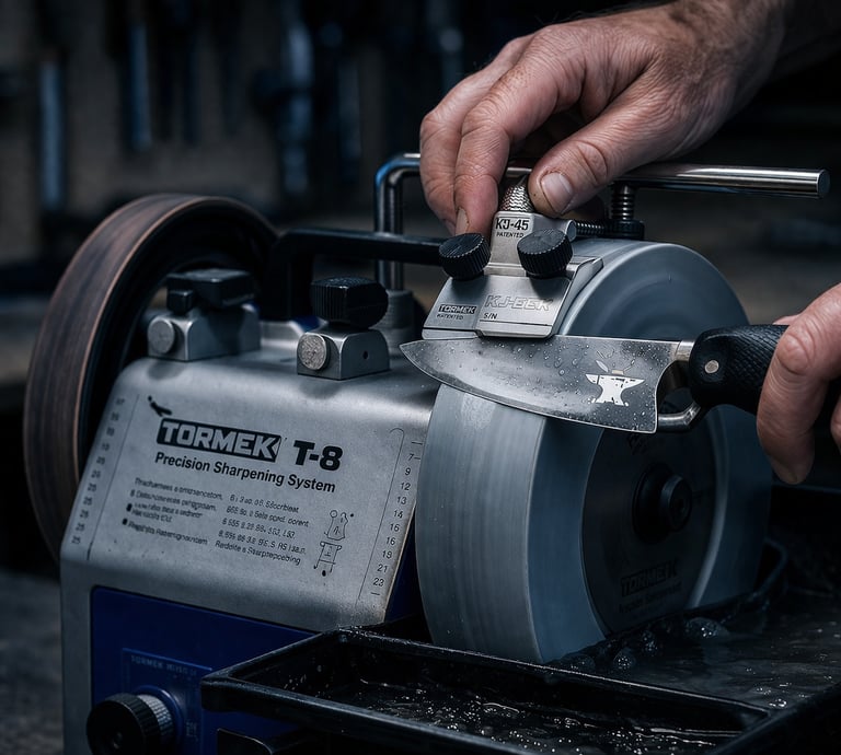 Knife being sharpened on a Tormek T-8 sharpening system