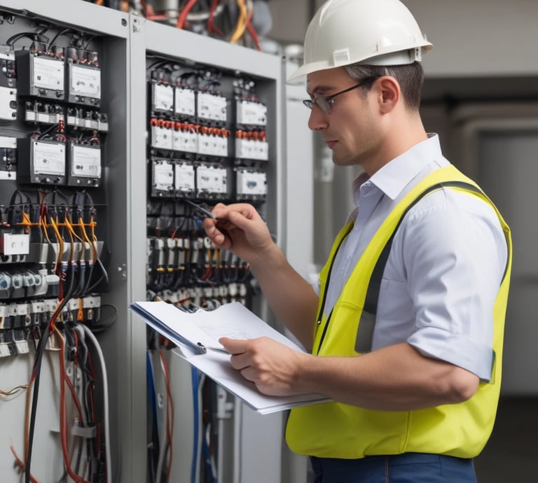 Electrician working on wiring inside a New York City building with safety gear.