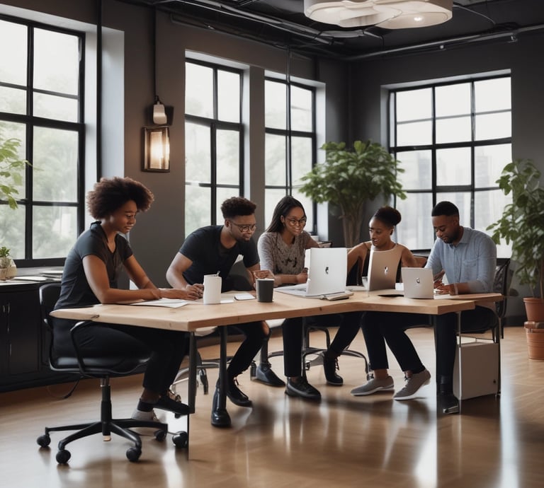 A vibrant team collaborating around computers in a modern Abidjan office.