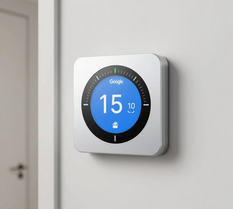 A friendly technician installing a smart thermostat in a cozy living room.