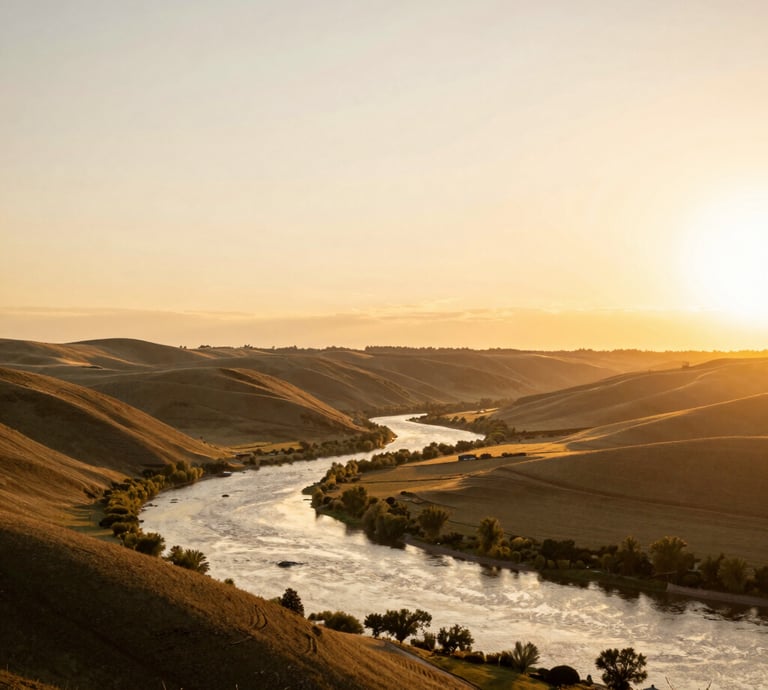 Golden sunset over a winding river valley with rolling hills and lush riverside trees.