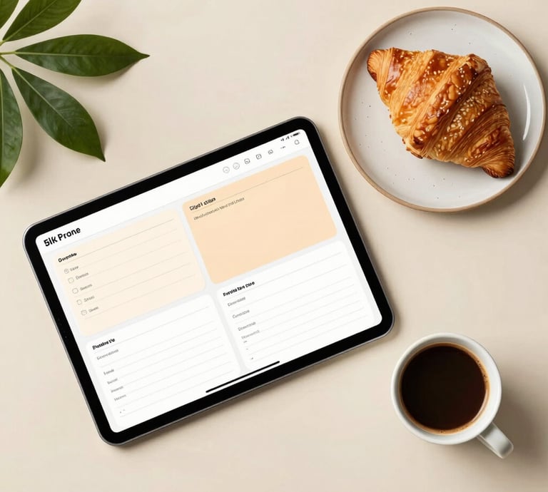 Flat lay photography of digital café essentials on a light beige table. A tablet displaying beautiful, warm digital planners, a fresh croissant on a ceramic plate, a cup of dark espresso, and green foliage nearby. The composition is clean, modern, and inspiring, capturing the Global / Modern Urban Café Culture vibe with tones of sage green, warm tan, and soft cream.
