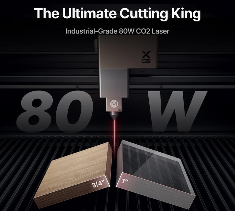 Industrial-grade 80W CO2 laser cutter head slicing through wood and acrylic blocks.