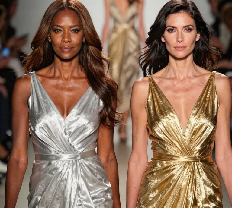 Elegant models aged 40 and above confidently walking the runway amid bright stage lights.