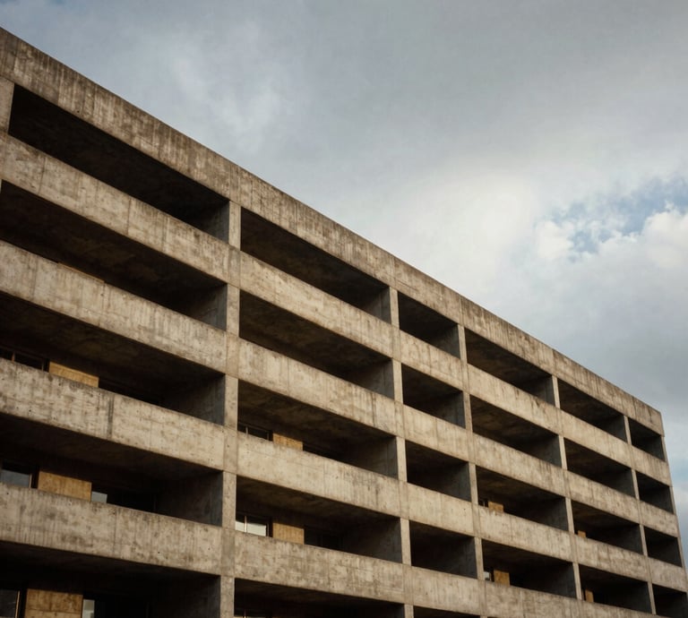 Wide cinematic 2.39:1 framing of a brutalist concrete building under heavy overcast sky, dramatic shadows
