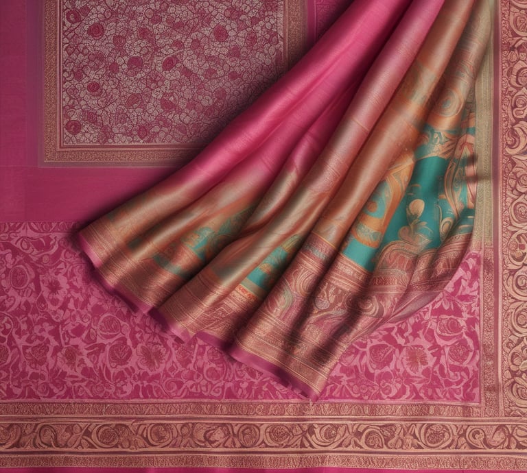 A warm shop interior showing folded silk sarees and a friendly shopkeeper ready to assist customers.