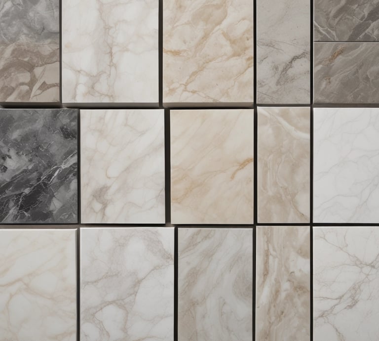 Elegant marble slab display in a bright, modern showroom with natural light highlighting textures.