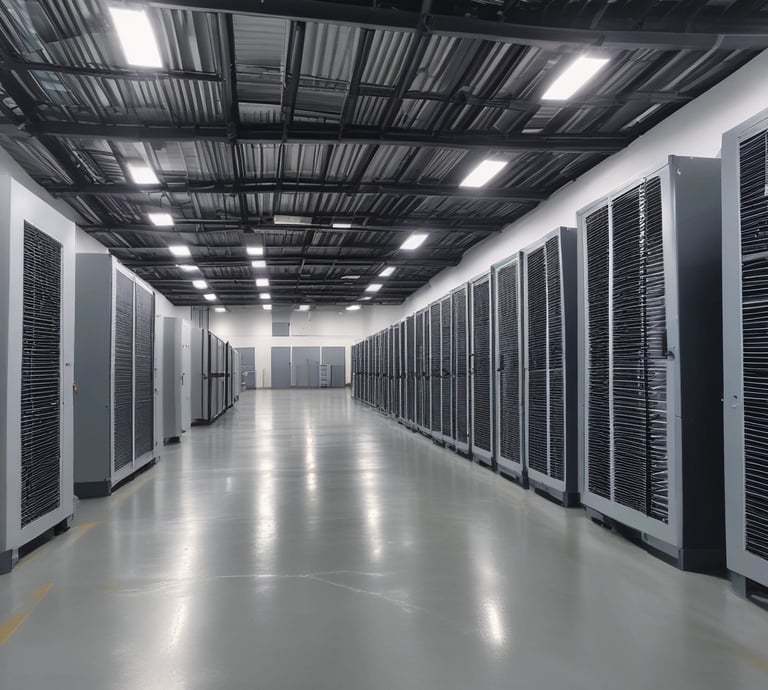 A modern data center aisle featuring rows of high-performance server racks in a secure facility.